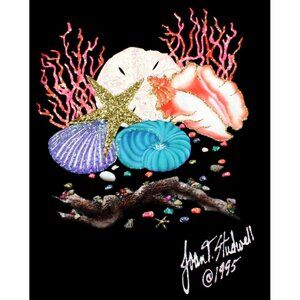 VTG 1995 Joan Studwell Hand Painted Glitter Seashell Design Hanes Beefy-T XX Lar